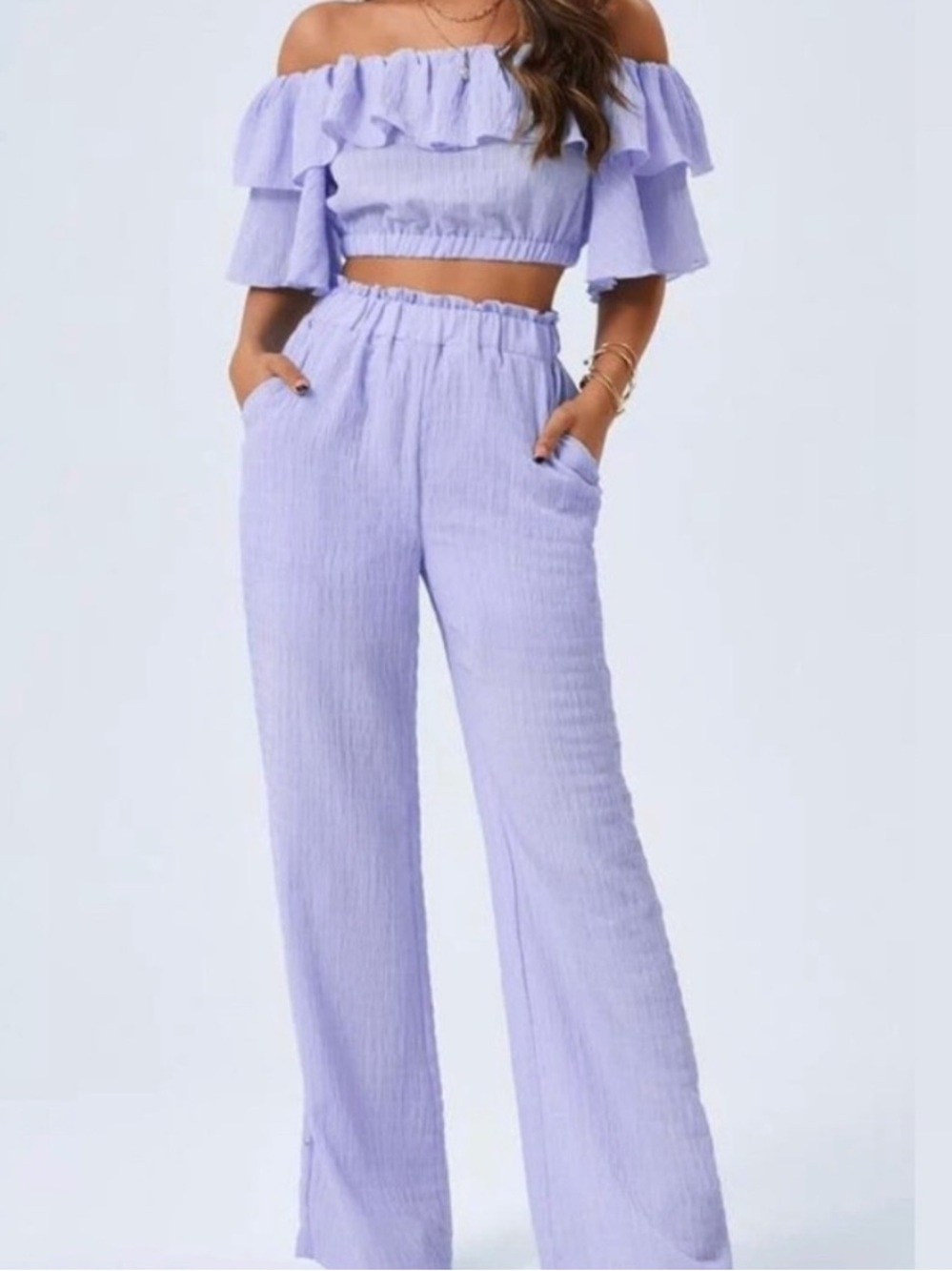 Lavender Off-Shoulder Ruffle Top with Wide-Leg Pants Set Women's Size 4 Small